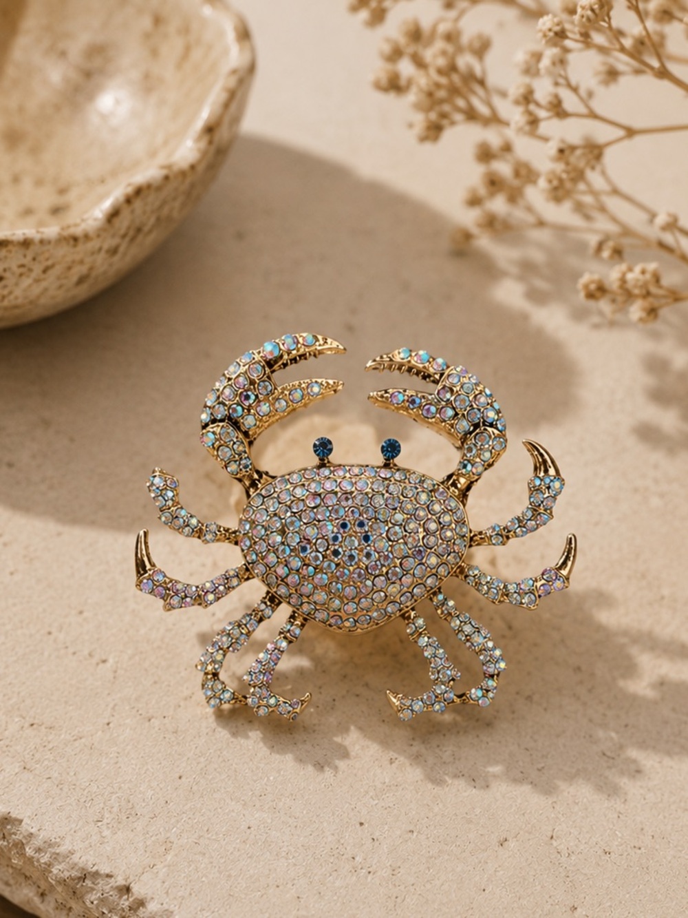 Gold-Tone Crystal Crab Brooch — Iridescent Blue Accent